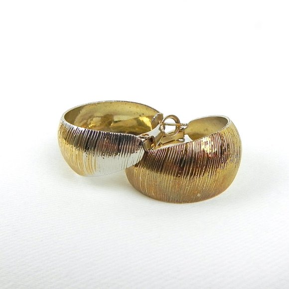 80s Golden Earrings | Gold Tone & Silver Metal Wide Hoop Earrings - Picture 2 of 7